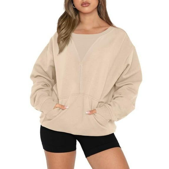 AXXD Basic Tunic Trendy Tops for Women 2024 Summer 2024 Long Sleeves Casual Shirts Color Round Neck Pokets Sweatshirt Pullover Loose Tunic Tops