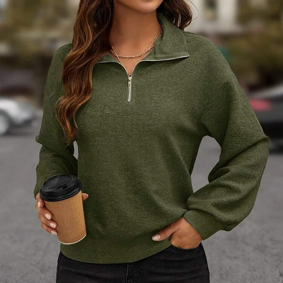 AXXD Basic Work Tops for Women Summer 2024 Trendy Casual Solid Color Long Sleeved V-neck Zipper Pullover Long Sleeved V-neck Top Long Sleeved V-neck Top/Shirt