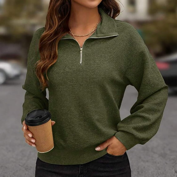 AXXD Basic Work Tops for Women Summer 2024 Trendy Casual Solid Color Long Sleeved V-neck Zipper Pullover Long Sleeved V-neck Top Long Sleeved V-neck Top/Shirt