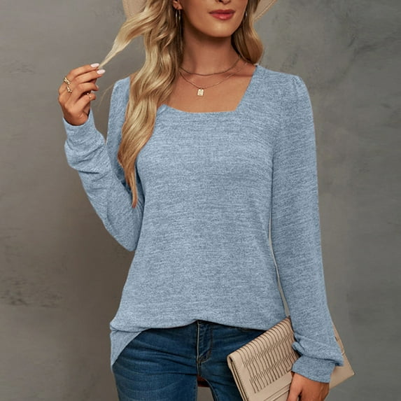 AXXD Basic Work Tops for Women Summer 2024 Loose Trendy Round-Neck Long Sleeve Casual T-shirt Top Solid Blouse