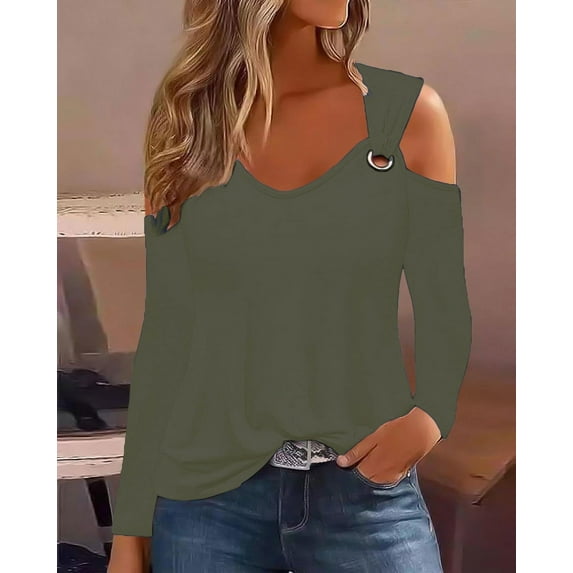 AXXD Basic Work Tops for Women Summer 2024 Trendy Casual Solid Color Cold Shoulder Drop Pullover Long Sleeve V-Neck Top Shirt