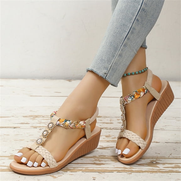 AXXD Beige Sandals for Women 6.5 Summer Fish-mouth Slip-on Slope Heel Shoes Casual Bohemian Rhinestone Roman Boho Sandals