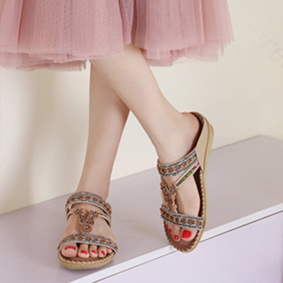 AXXD Beige Sandals for Women 9.5 Summer New Floral Rhinestone Flat Toe Over Boho Sandals Casual Beach