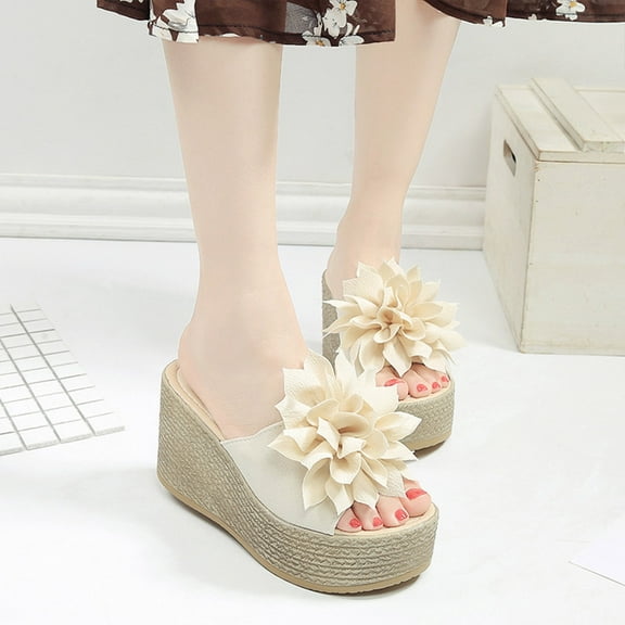 AXXD Beige Sandals for Women Summer Matsu Heel Thick Sole Slope Heel Shoes Breathable Slip-on Beach Sandals