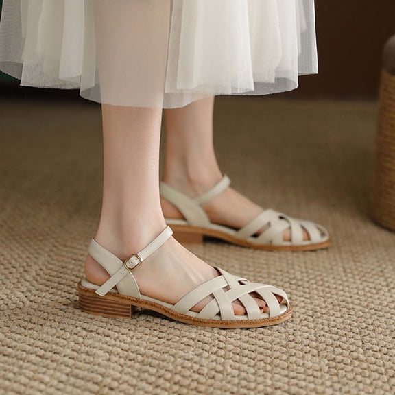 AXXD Beige Sandals for Women Summer Sandals Solid Color Flat Bottom Casual Buckle Roman Sandals
