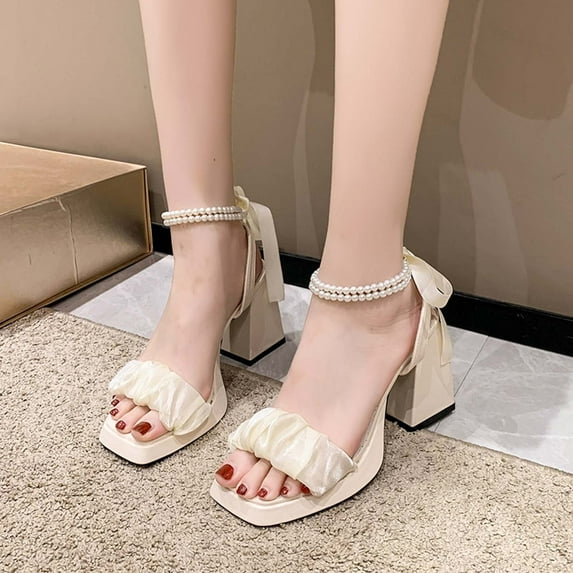 AXXD Beige Sandals for Women Strappy Sandals Summer Casual Square-toe Sandals High Heel Chunky Heel Pearl Decoration Sandals