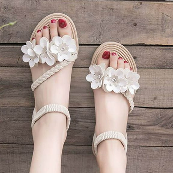 AXXD Beige Sandals for Women Summer Sandals Casual Flower Open-toe Flats