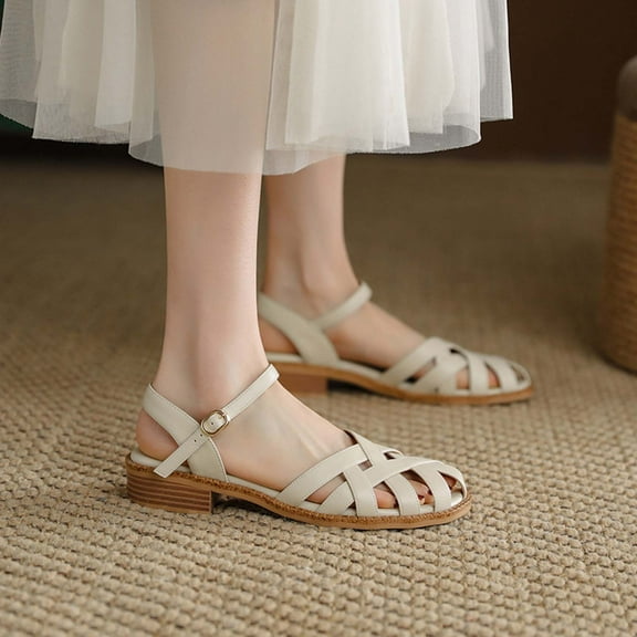 AXXD Beige Sandals for Women Summer Sandals Solid Color Flat Bottom Casual Buckle Roman Sandals