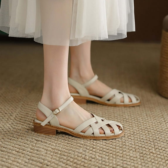 AXXD Beige Sandals for Women Summer Sandals Solid Color Flat Bottom Casual Buckle Roman Sandals