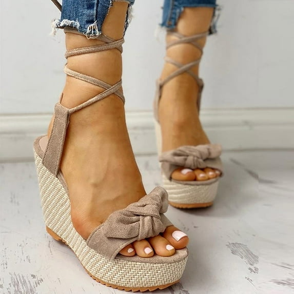 AXXD Beige Sandals for Women Summer Solid Color Bowknot Bandage Comfy Sandals Slope Heeled Beach Casual Shoes