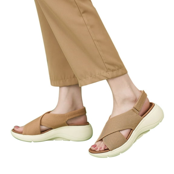 AXXD Beige Sandals for Women Summer Thick Sole Sandals Lightweight Non Slip Comfortable Casual Sports Paste Microfiber Shoes