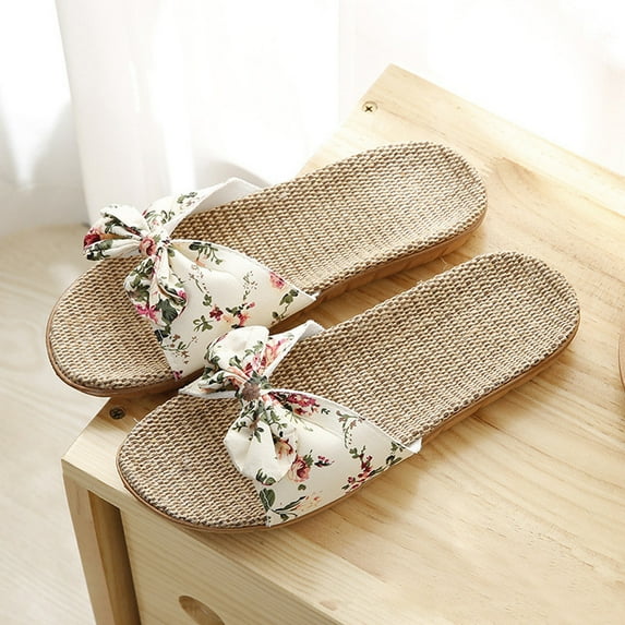 AXXD Beige Slide Sandals for Women 6.5-7.5 Summer Bowknot Flax Linen Flip Flops Beach Shoes Boho Sandals Slides