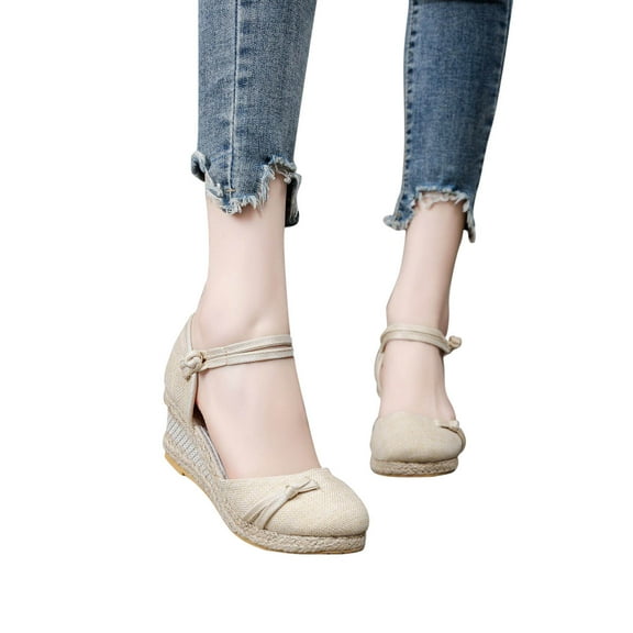 AXXD Beige Wedge Sandals for Women 6.5 Knitted Round Toe Bow Sandals High Heel Summer Casual Baotou Back Empty Sandals