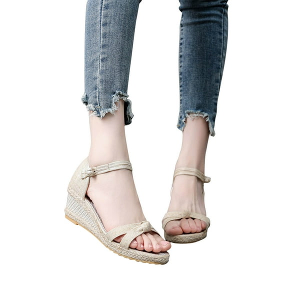AXXD Beige Wedge Sandals for Women 7 New Knitted Round Toe Bow Knot Fish Mouth Sandals High Heel Summer Casual