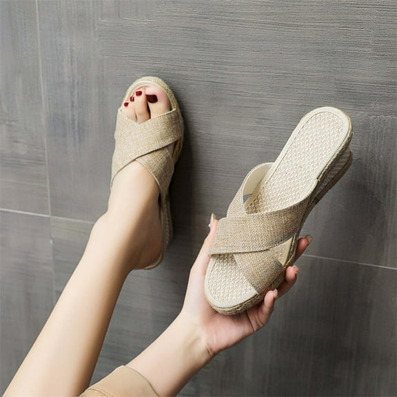 AXXD Beige Wedge Sandals for Women Summer High Heels Shoes Linen Straw Sandals Casual Canvas Dress