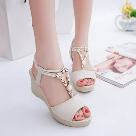 AXXD Beige Wedge Sandals for Women Summer Ladies String Bead Casual Roman Sandals Shoes