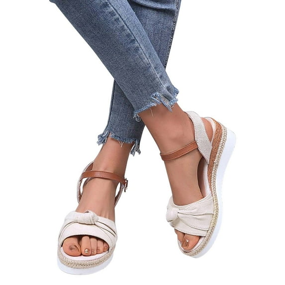 AXXD Beige Wedge Sandals for Women Summer Sandals Open Toe Sandals Casual Low Slip On Sandals Comfortable Outdoor Shoes