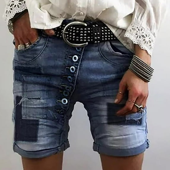 AXXD Biker Shorts for Lady High Waist Summer Button Pockets Mid Jeans Shorts Mother's Day
