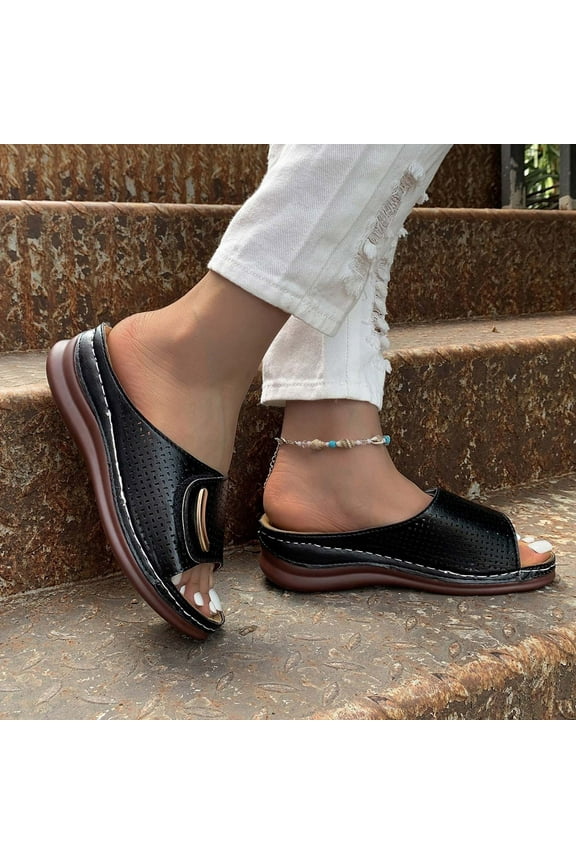 Black Athletic Sandals for Women Summer Leather Wedge Trendy Orthopedic Mothers Day