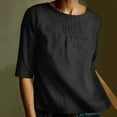 thumbnail image 1 of AXXD Black Basic Blouses for Women Business Casual Summer 2024 Solid Color Loose Round Neck Middle Sleeve Folded Cotton Linen Shirt Top, 1 of 6