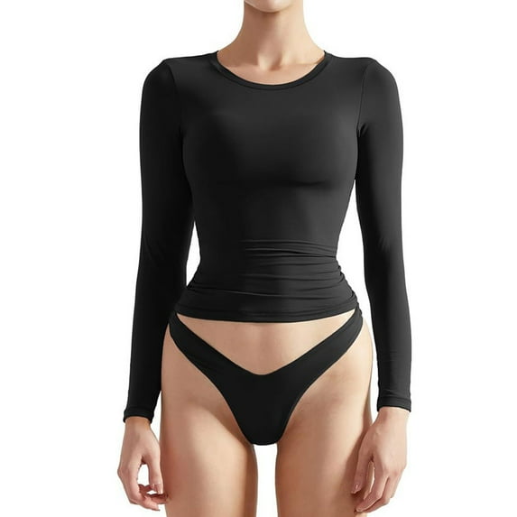 AXXD Black Basic Blouses for Women Summer 2024 Long-Sleeved Solid Color Navel-Baring Neck T-Shirt Bottoming Top