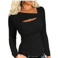 thumbnail image 1 of AXXD Black Basic Crewneck Sweatshirts Women Summer 2024 Casual Long Sleeve Round Neck Slim Hollow Out Shirt Blouse Tops, 1 of 6