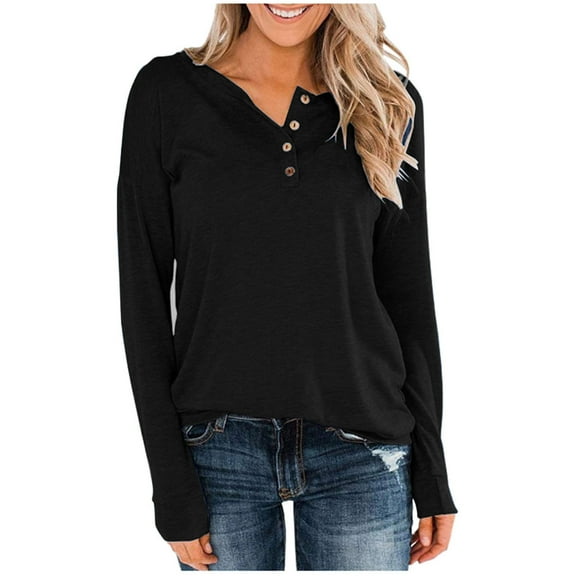 AXXD Black Basic Crewneck Sweatshirts Women Summer 2024 Loose V Neck Buttons Casual Long Sleeve Pullover Sweatshirts Tops
