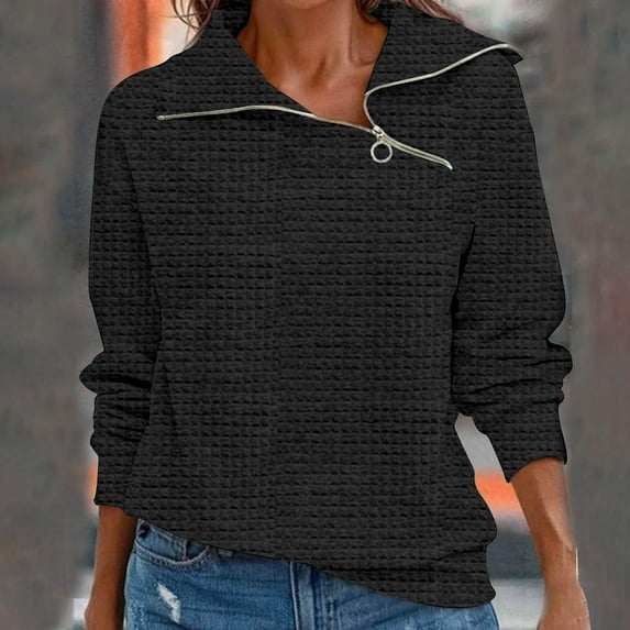 AXXD Black Basic Cute Tops for Women 2024 Spring New Retro Casual Neck Zipper Solid Color Sweater Plaid Pullover Sweater Top