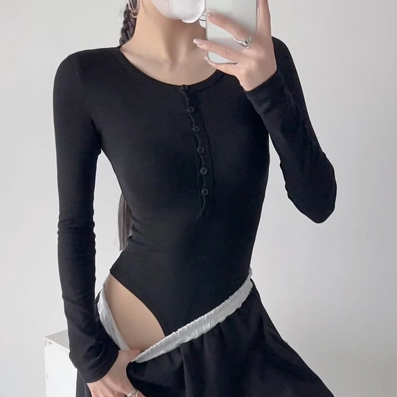 AXXD Black Basic Cute Tops for Women Summer 2024 Long Sleeved Solid Color Elastic Slim Fitting Jumpsuit And Jumpsuit