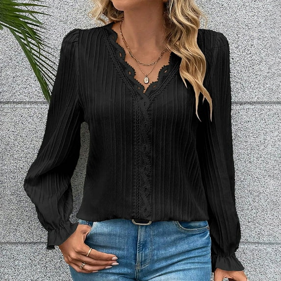 AXXD Black Basic Going Out Tops for Women 2024 Fall Solid Color Long Sleeve V-Neck Lace Splicing Hollow Bubble Sleeve Shirt