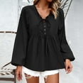 thumbnail image 1 of AXXD Black Basic Hawaiian Shirts for Women Summer 2024 New Temperament Commuting Solid Color V-neck Long Sleeved Top, 1 of 8