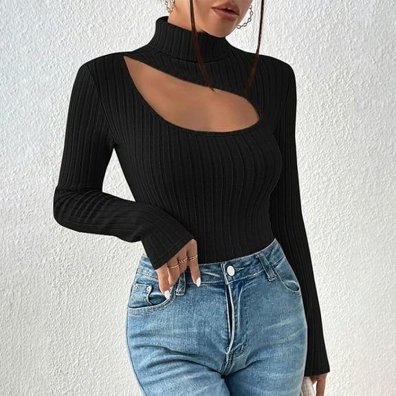 AXXD Black Basic Oversized Tshirts for Women Summer 2024 Trendy Button Round-Neck Long Sleeve Casual T-shirt Top Solid Blouse