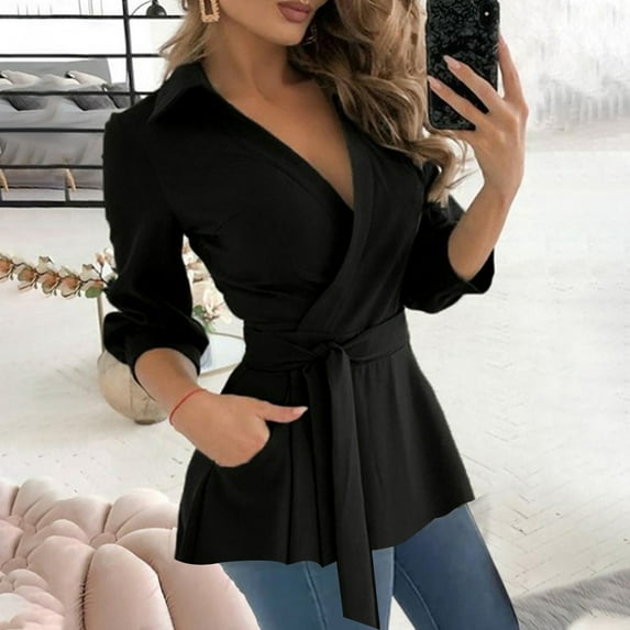AXXD Black Basic Sexy Tops for Women Summer 2024 Casual Silim Shirt Long Sleeve Solid Bandage V-Neck Polluer Blouse Tops With Pocket