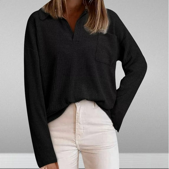 AXXD Black Basic Sexy Tops for Women Summer 2024 Loose Trendy Button Round-Neck Long Sleeve Casual T-shirt Top Solid Blouse