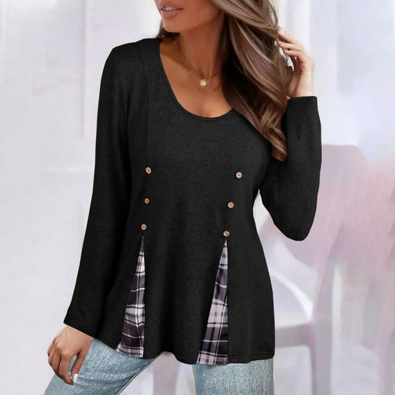 AXXD Black Basic T-Shirts for Women Summer 2024 Casual Round Neck Solid Color Plaid Long Sleeve Knitted Button Tops