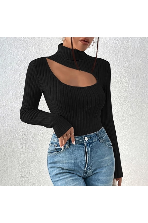 Black Basic Tops for Women Trendy Summer 2024 Button Round-Neck Long Sleeve Casual T-shirt Top Solid Blouse