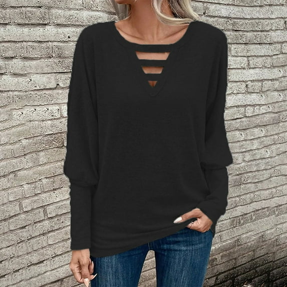 AXXD Black Basic Tunic Sweatshirts for Women Trendy Summer 2024 Casual Lantern Sleeve Blouse V-Neck Pullover Solid Color Tunic Tops