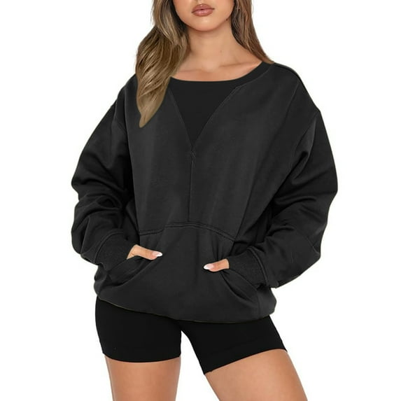 AXXD Black Basic Tunic Work Shirts for Women Summer 2024 Long Sleeves Casual Shirts Color Round Neck Pokets Sweatshirt Pullover Loose Tunic Tops