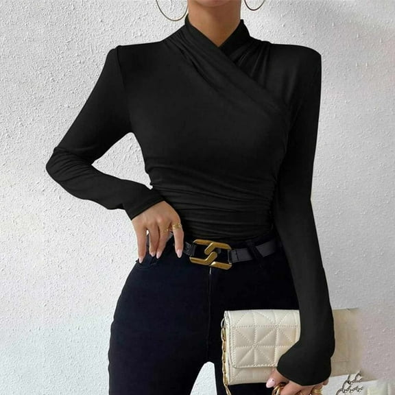 AXXD Black Basic Western Tops for Women Summer 2024 Trendy Round-Neck Long Sleeve Casual T-shirt Top Solid Blouse