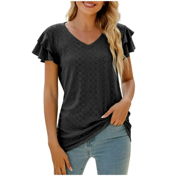 AXXD Black Basic Western Tops for Women Summer 2024 Trendy Short Sleeve Comfortable Breathable V-Neck Blouses Shirt Tops