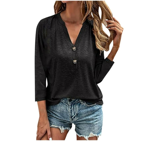 AXXD Black Basic Western Tops for Women Summer 2024 V-Neck Button Casual Solid Color Long Sleeve T-shirt Top Long Sleeve V-Neck Shirt Blouse