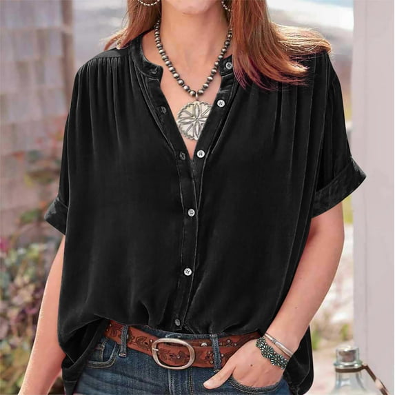 AXXD Black Basic Work Blouses for Women Summer 2024 Temperament Gold Velvet Solid Color Short Sleeved Round Neck Button Up Folded Shirt Top