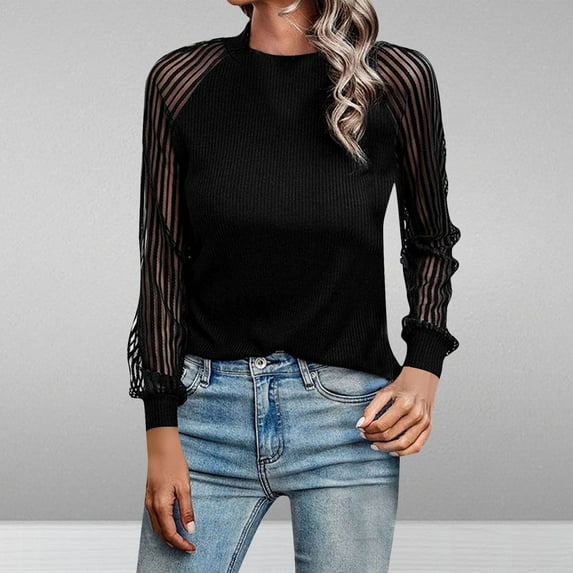 AXXD Black Basic Work Shirts for Women Summer 2024 Trendy Round-Neck Long Sleeve Casual T-shirt Top Solid Blouse