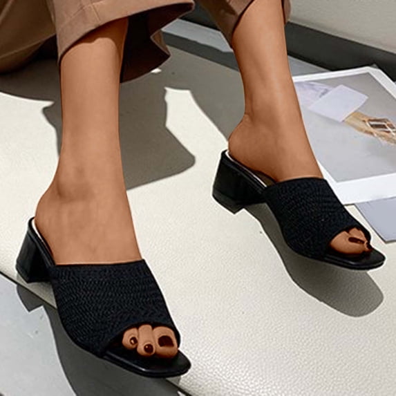 AXXD Black Comfort Sandals for Women Summer Trendy Chunky Ribbed Chunky Heeled Sandals, Elegant White Fabric Mule Sandals Mothers Day