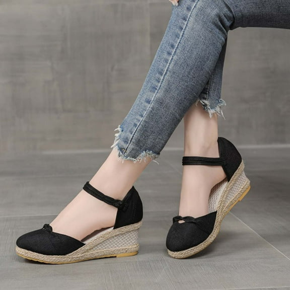 AXXD Black Comfort Sandals for Women Wedge Summer Plus-size Clasp Solid Color Straw Woven Linen Wedge Sandals Mothers Day