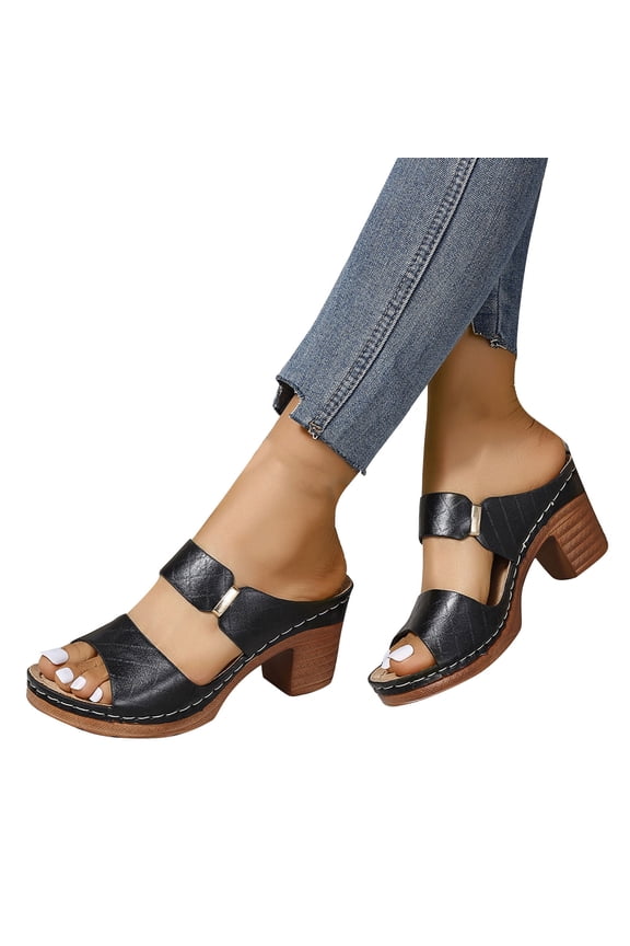 Black Sandals Women Comfortable Summer High Heel Chunky Mothers Day