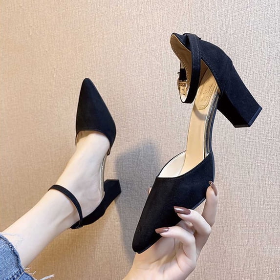 AXXD Black Sandals for Women 6.5 Summer Casual Pointed-toe Sandals Middle Heel Chunky Heel Metal Buckle Sandals