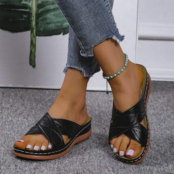 AXXD Black Sandals for Women 7.5 Flat Arch-support Sandals Shoes Ladies Beach Orthopedic Sandals Summer Non-Slip Causal