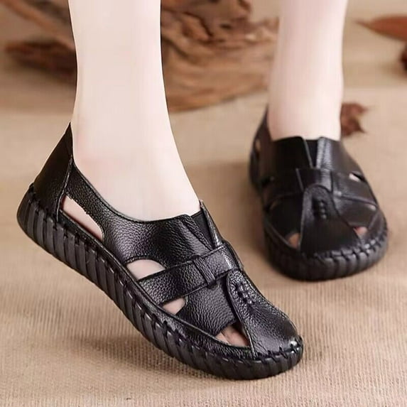 AXXD Black Sandals for Women 7.5 Soft Leather Perforated Shoes A Toe Cap Holloed Out Shoes Summer Comfort Soft Soles Slip Flat Bottomed Sandals