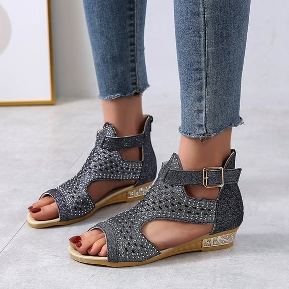 AXXD Black Sandals for Women 8.5 Summer Fish Mouth Rhinestone Hollow Out Sandals Back Zipper Sandals
